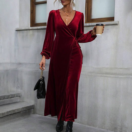 V-NECK LONG VELVET DRESS
