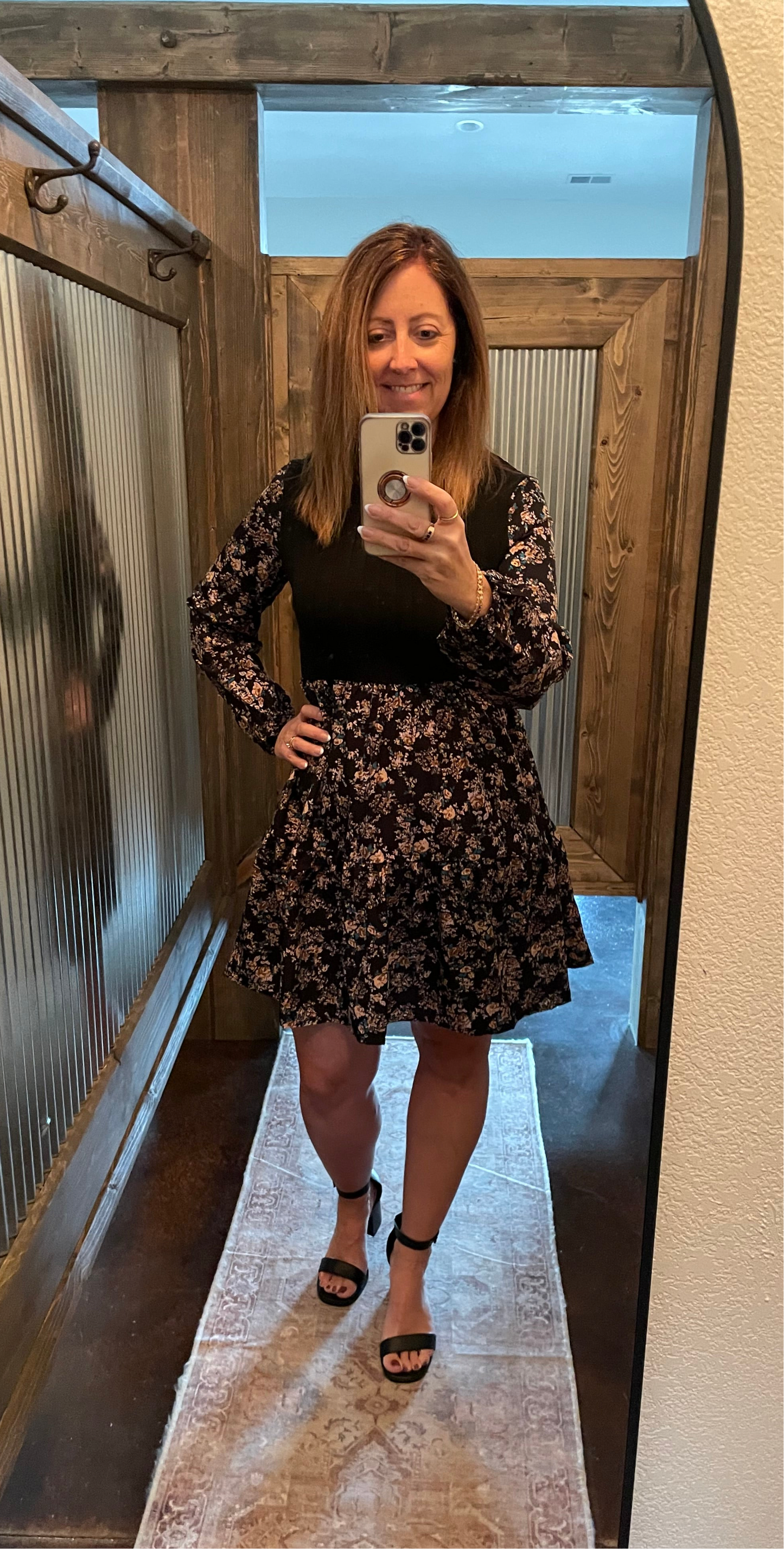 Black Floral Puff Sleeves Flowy Dress