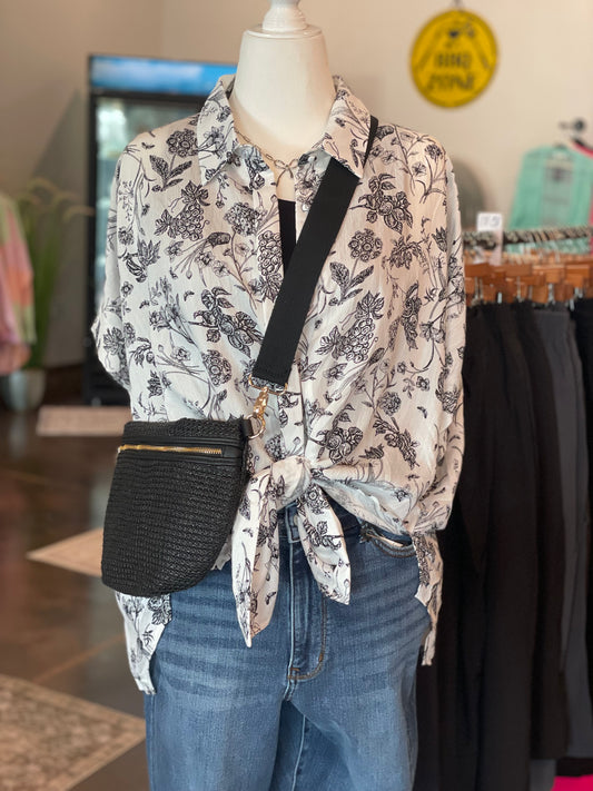 Two Tone Floral Print Button Down Top