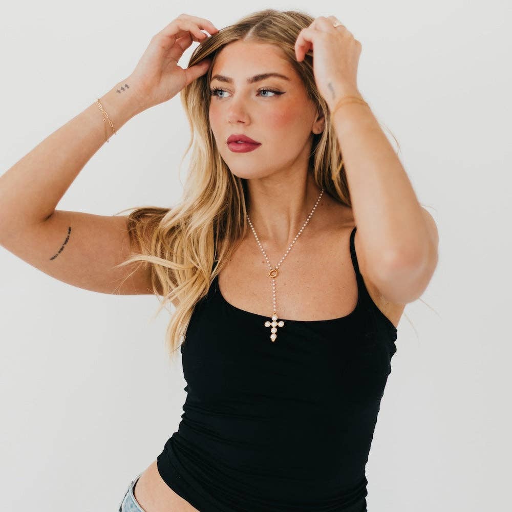 Belinda Pearl Cross Y-Drop Necklace