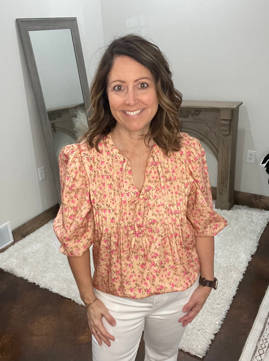 Ditsy Floral Print Bow Front Puff Sleeve Blouse