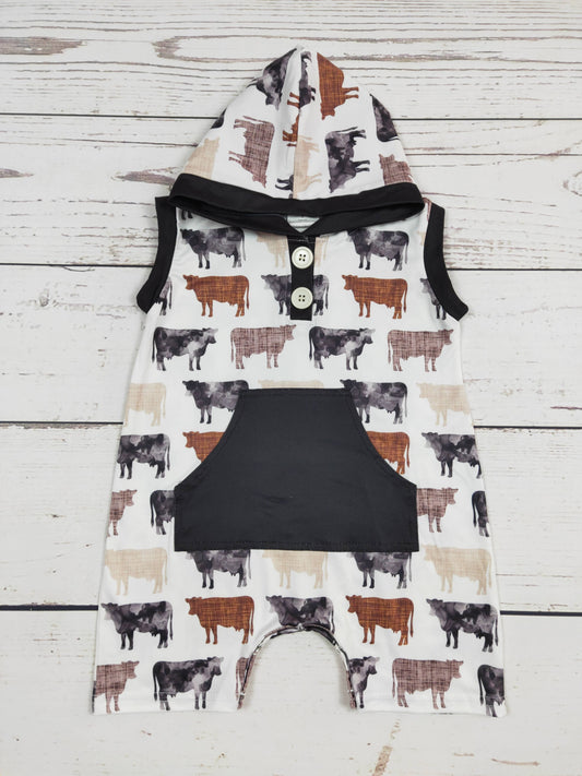 Boy Cows Printed Romper with Pocket