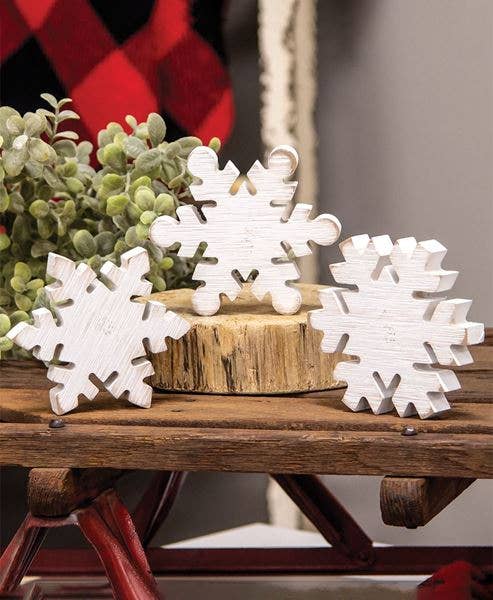 Distressed Wooden Snowflake Sitter, 3 Assorted