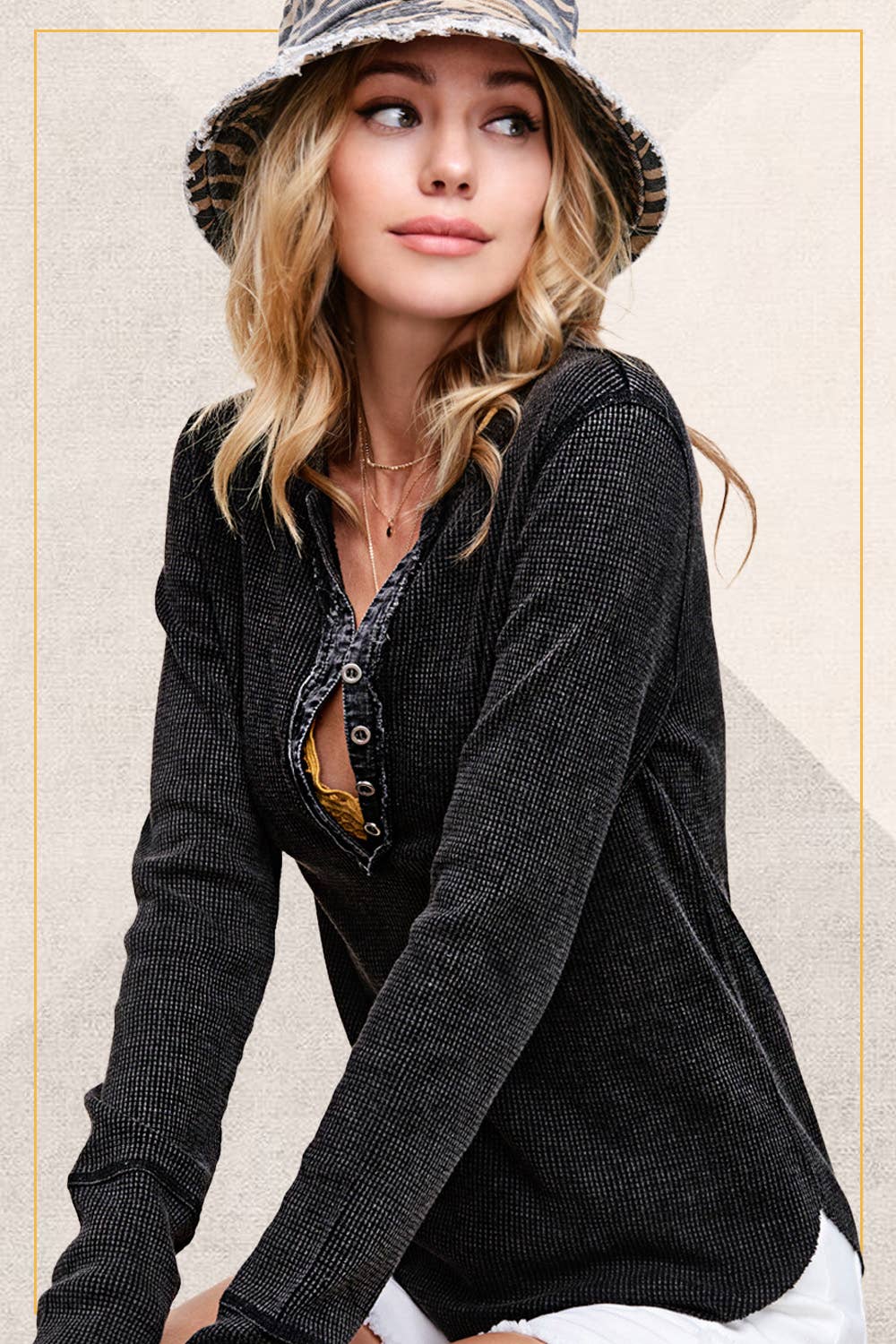 Waffle Long Sleeve Button Front Henley Thermal Top