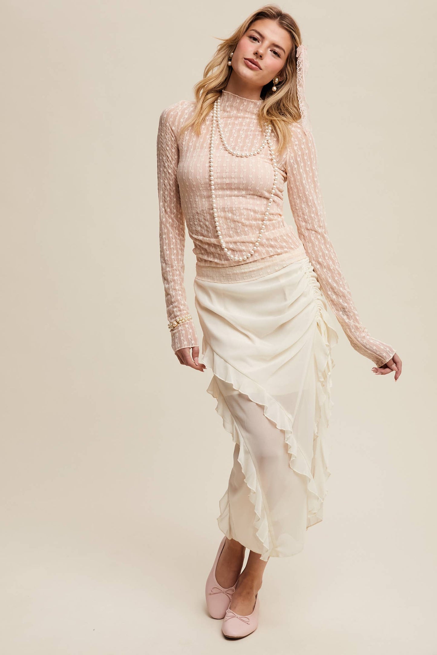 Semi Sheer Textured Lace Long-Sleeve Layering Top