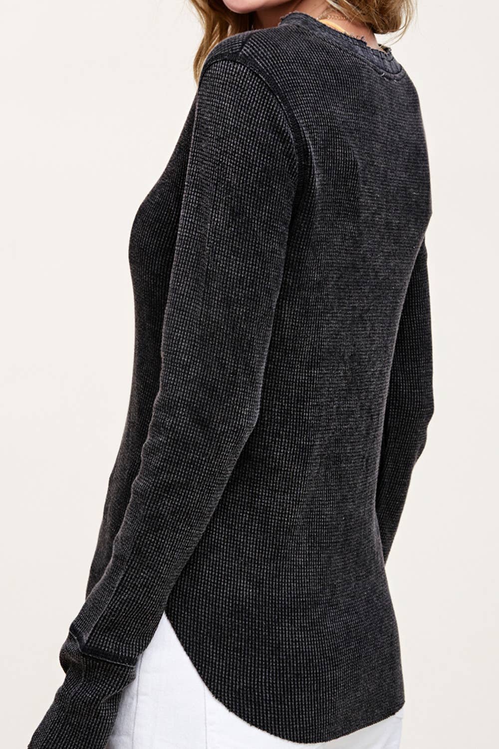 Waffle Long Sleeve Button Front Henley Thermal Top