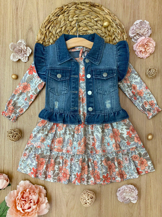 Long Sleeve Floral Dress w/ Ruffle Denim Vest & Set