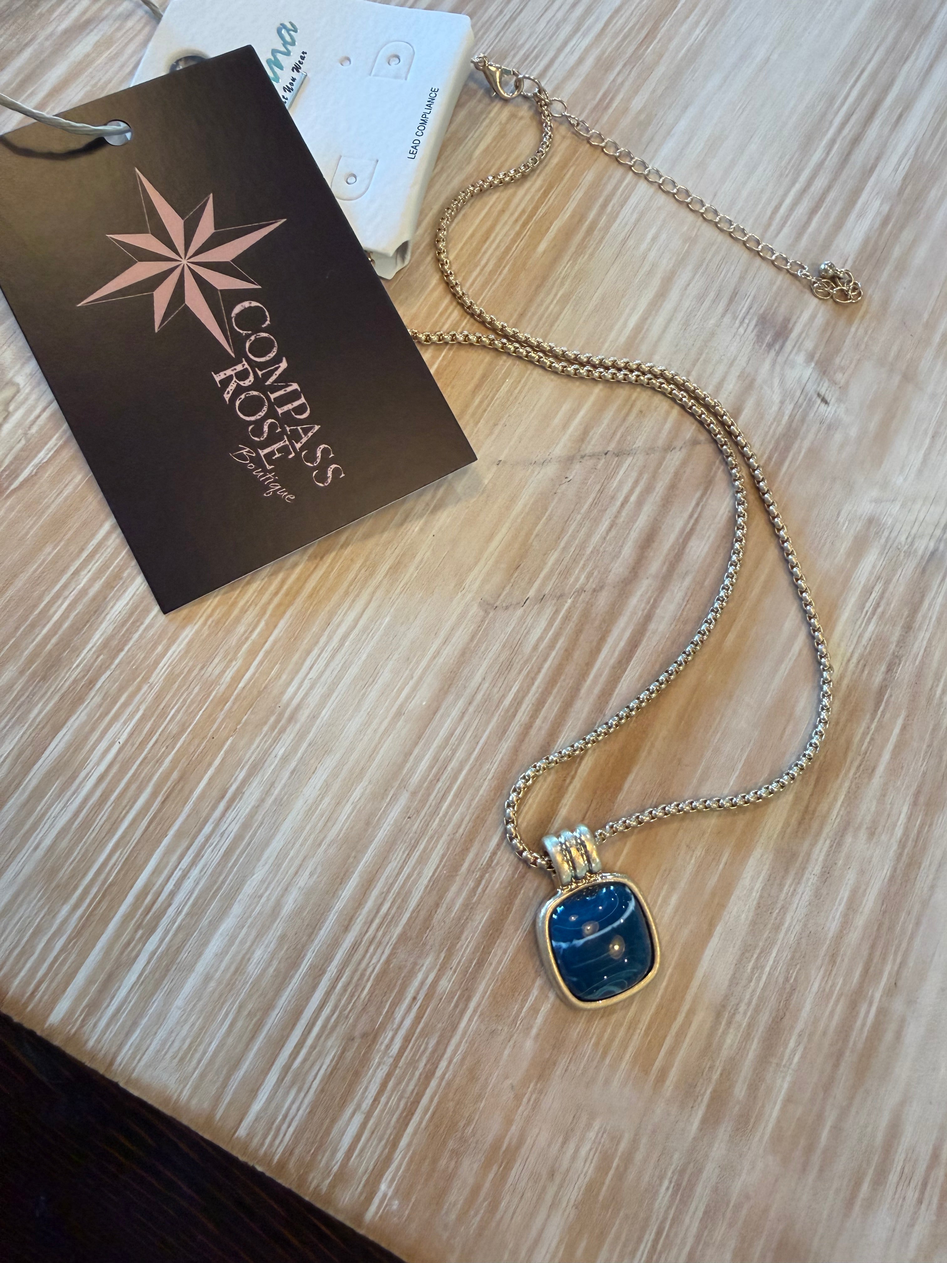 Blue Square Pendant Necklace