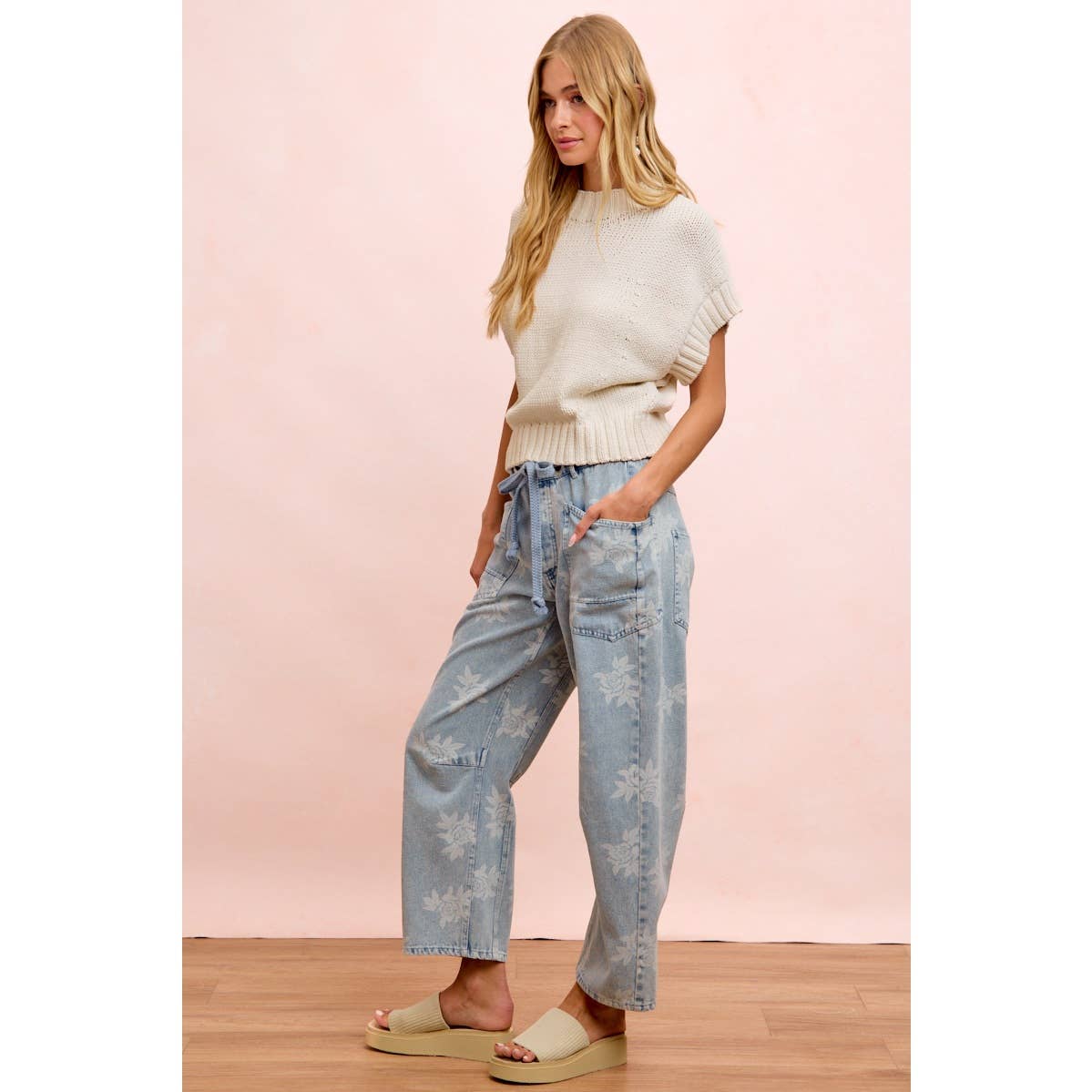 Rose Printed Washed Denim Pants
