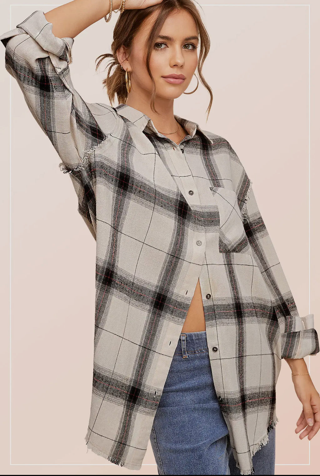 Loose Fit Button Down Cut Edge Detailed Plaid Shirts