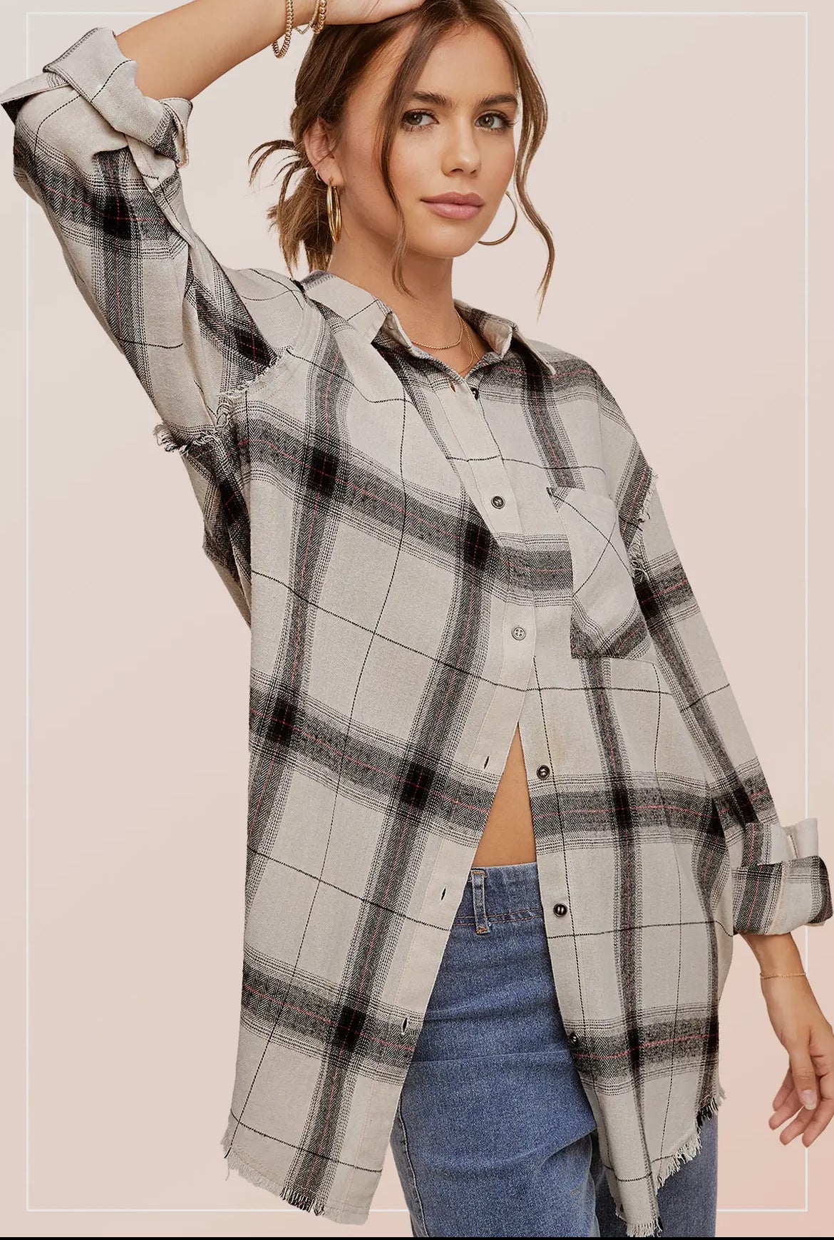 Loose Fit Button Down Cut Edge Detailed Plaid Shirts