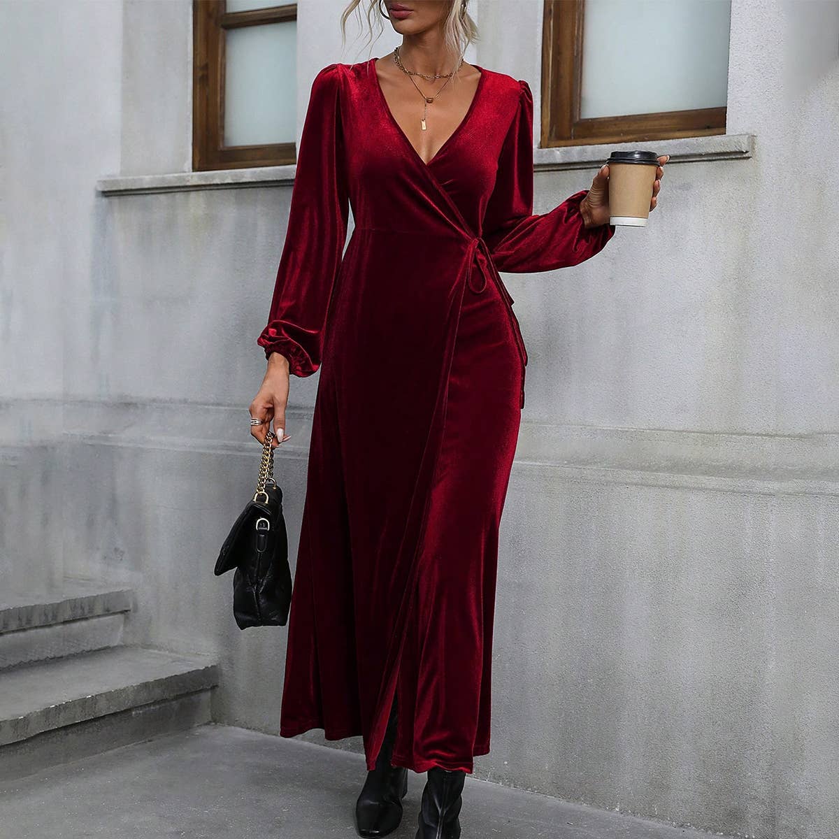 V-NECK LONG VELVET DRESS