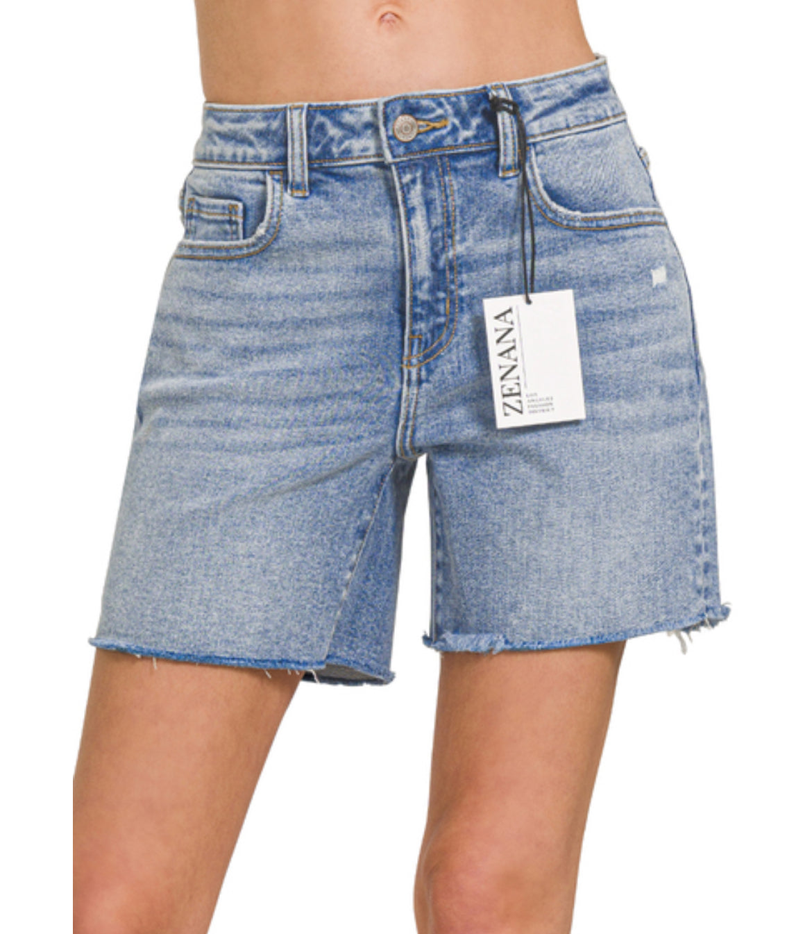 Mid Rise Raw Hem Denim Shorts