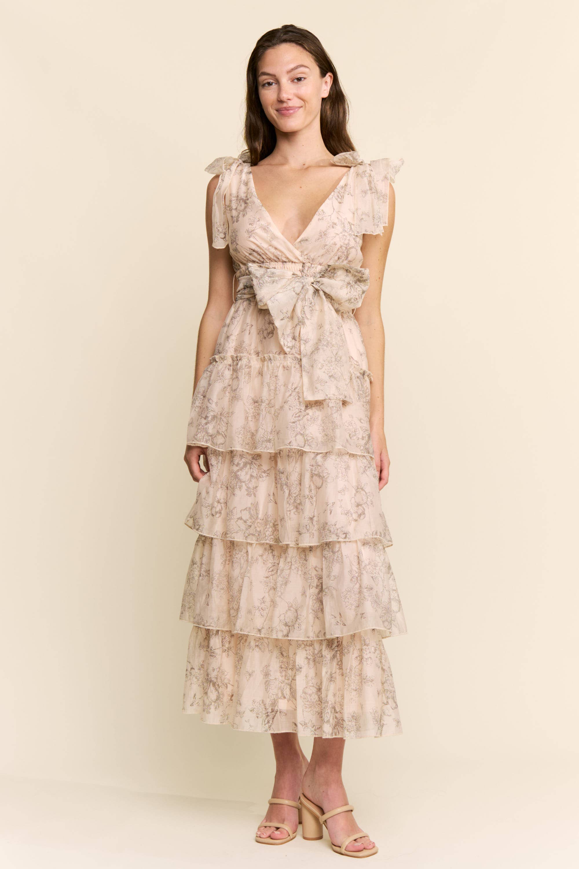 Peachy Floral Tiered Midi Dress