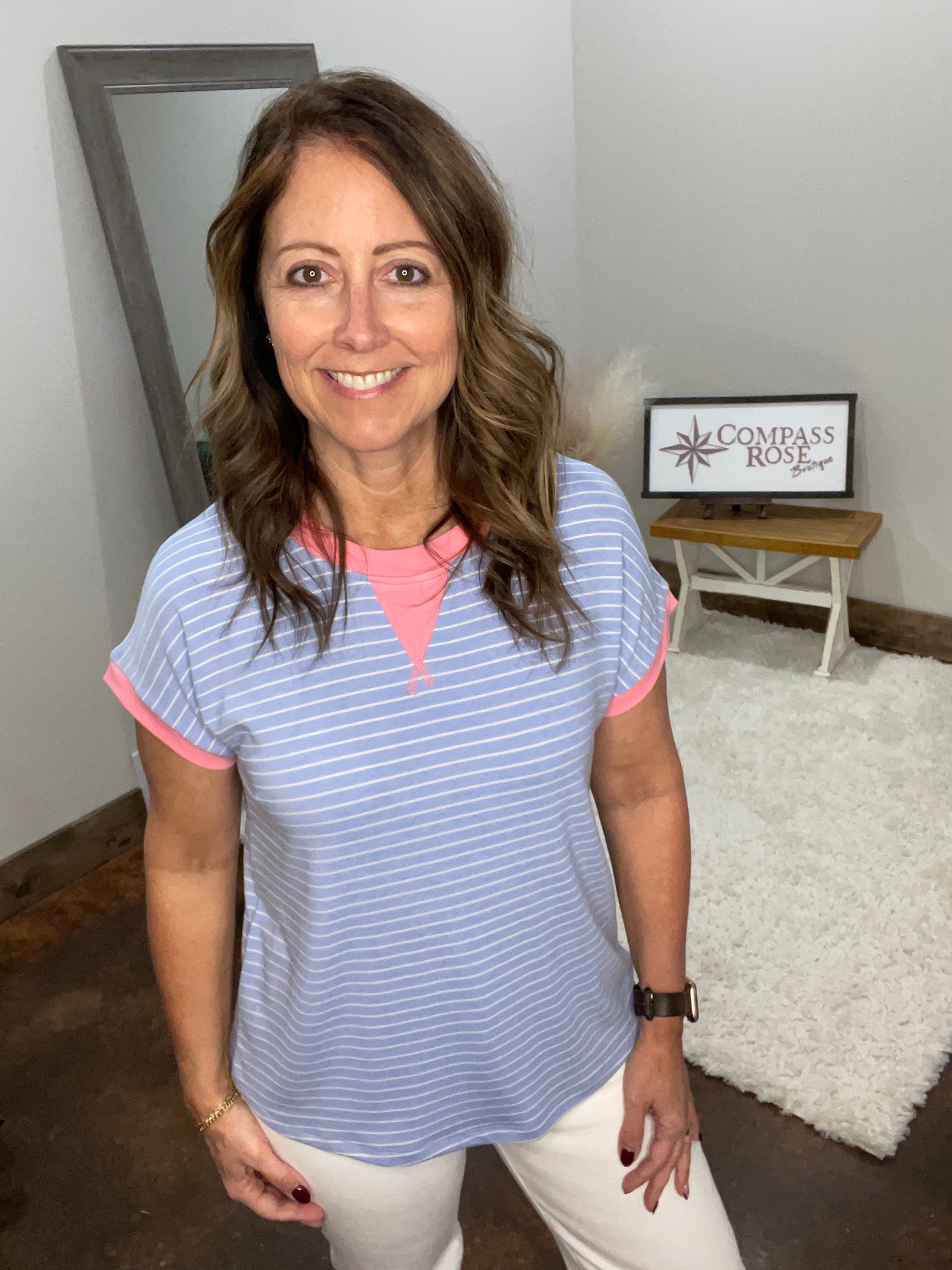 Color Trimmed Crew Neck Top