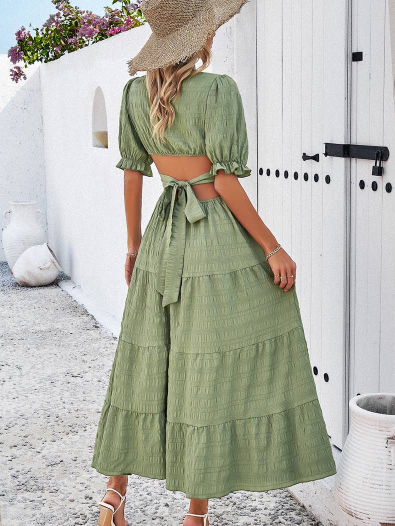 Smocked Back Tie Tiered Midi Dress