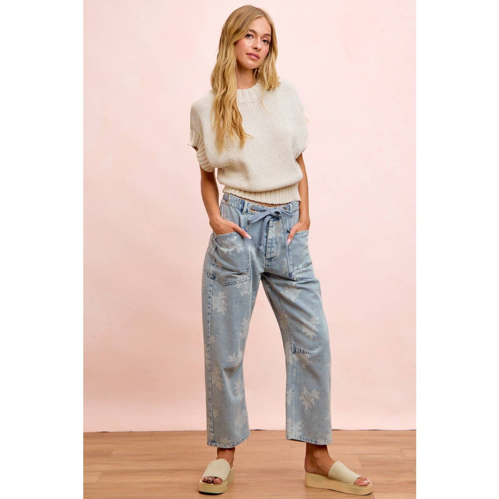 Rose Printed Washed Denim Pants