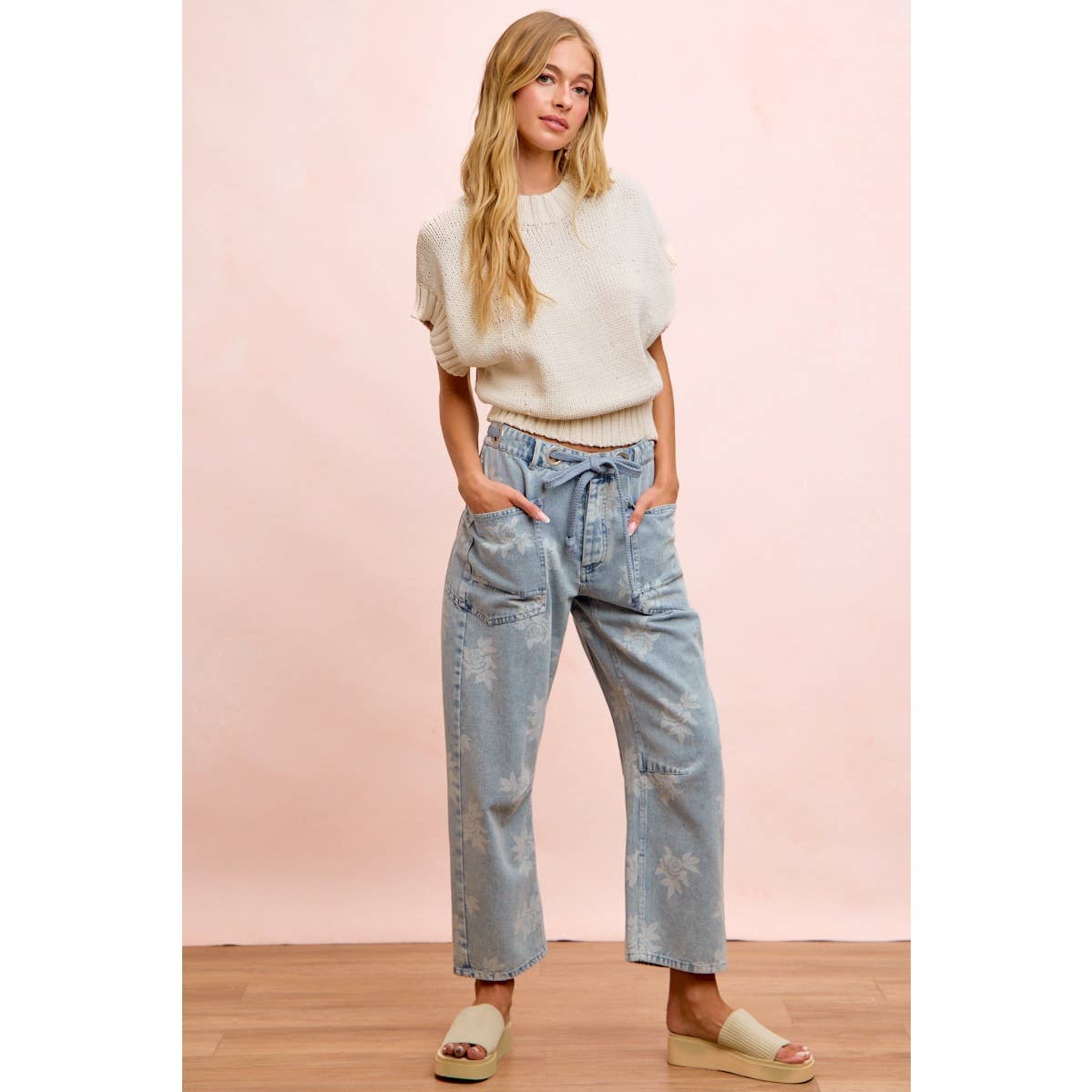 Rose Printed Washed Denim Pants