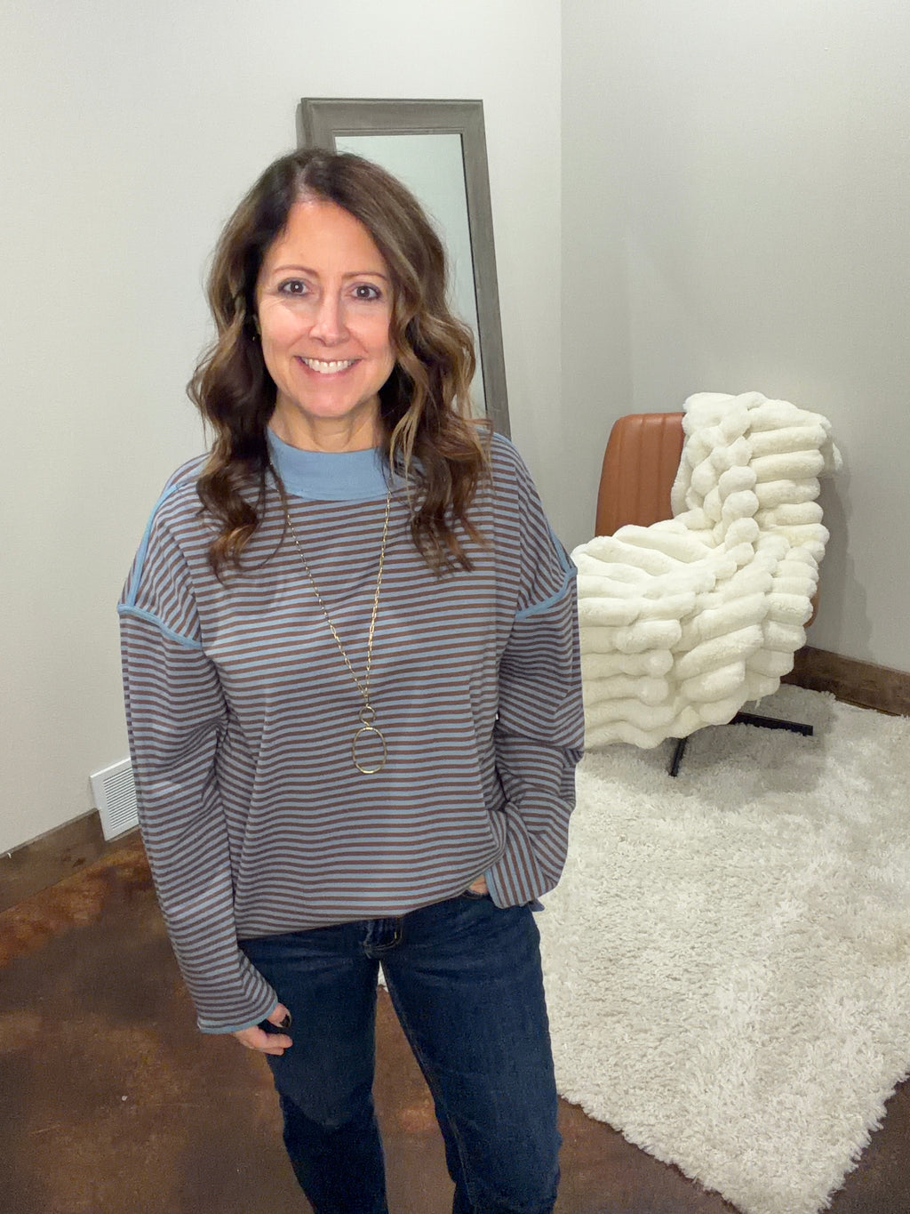 Oversized Contrast Trim Striped Top