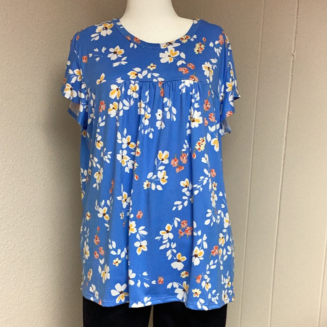 Round Neck Ruffle Short Sleeve Floral Print Knit Top