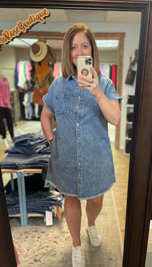 Frayed Hem Denim Shirt Dress