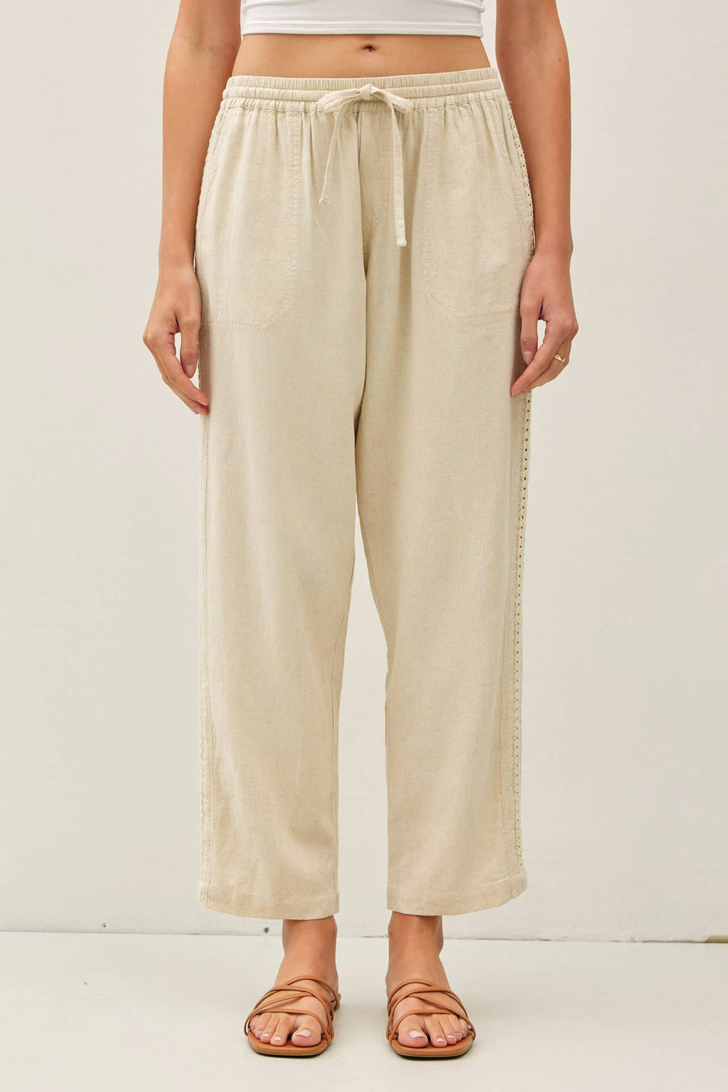 Lace Trim Tapered Linen Pants