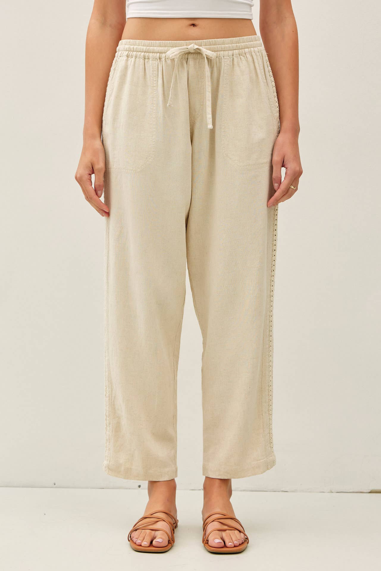 Lace Trim Tapered Linen Pants