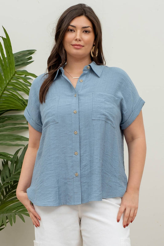 COLLARED CRINKLED CUFF SLEEVE BUTTON DOWN SHIRT