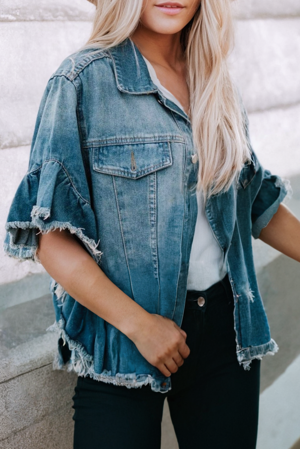 Raw Edge Ruffled Short Sleeve Denim Jacket