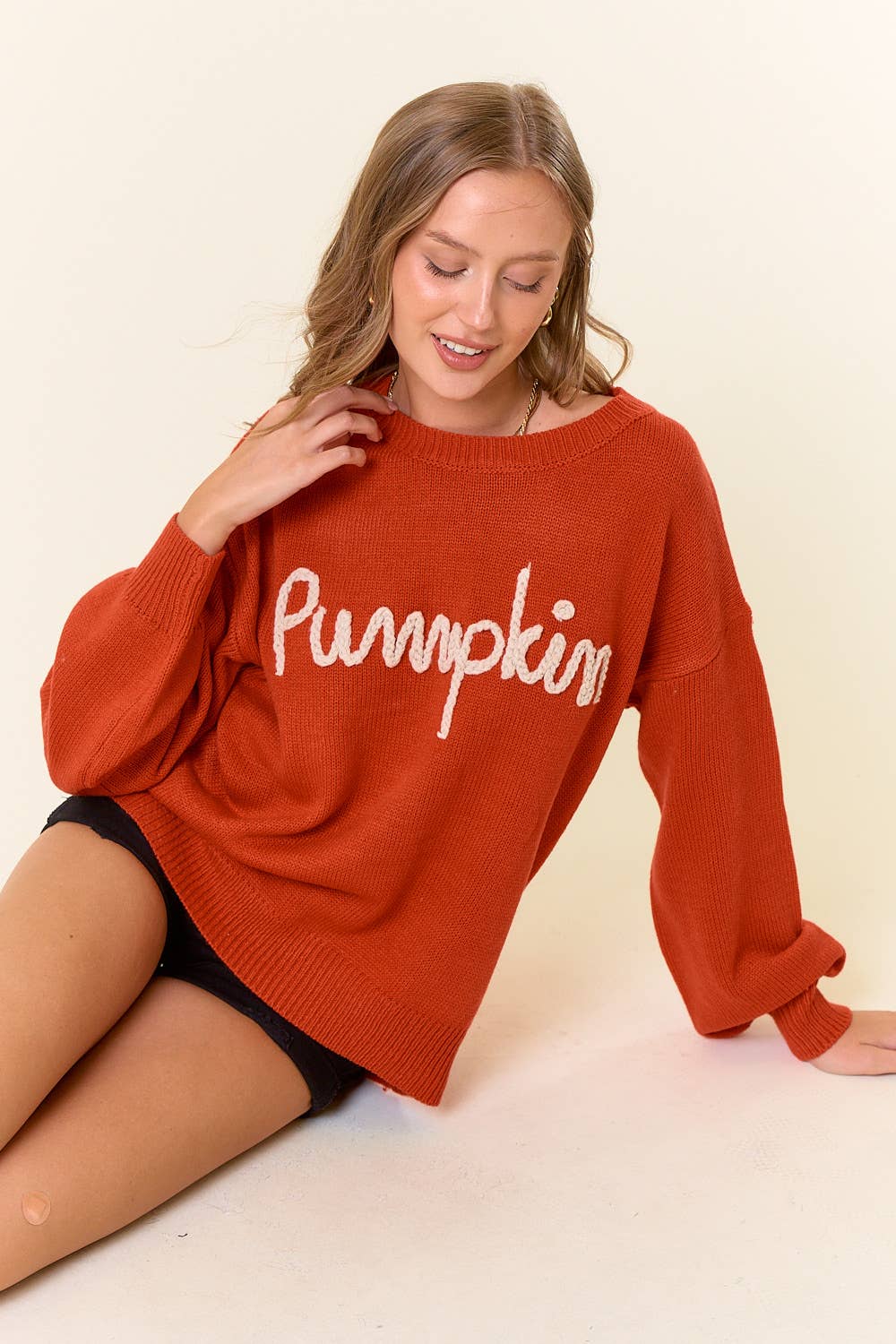 PUMPKIN Letter Embroidered Oversized Sweater Top