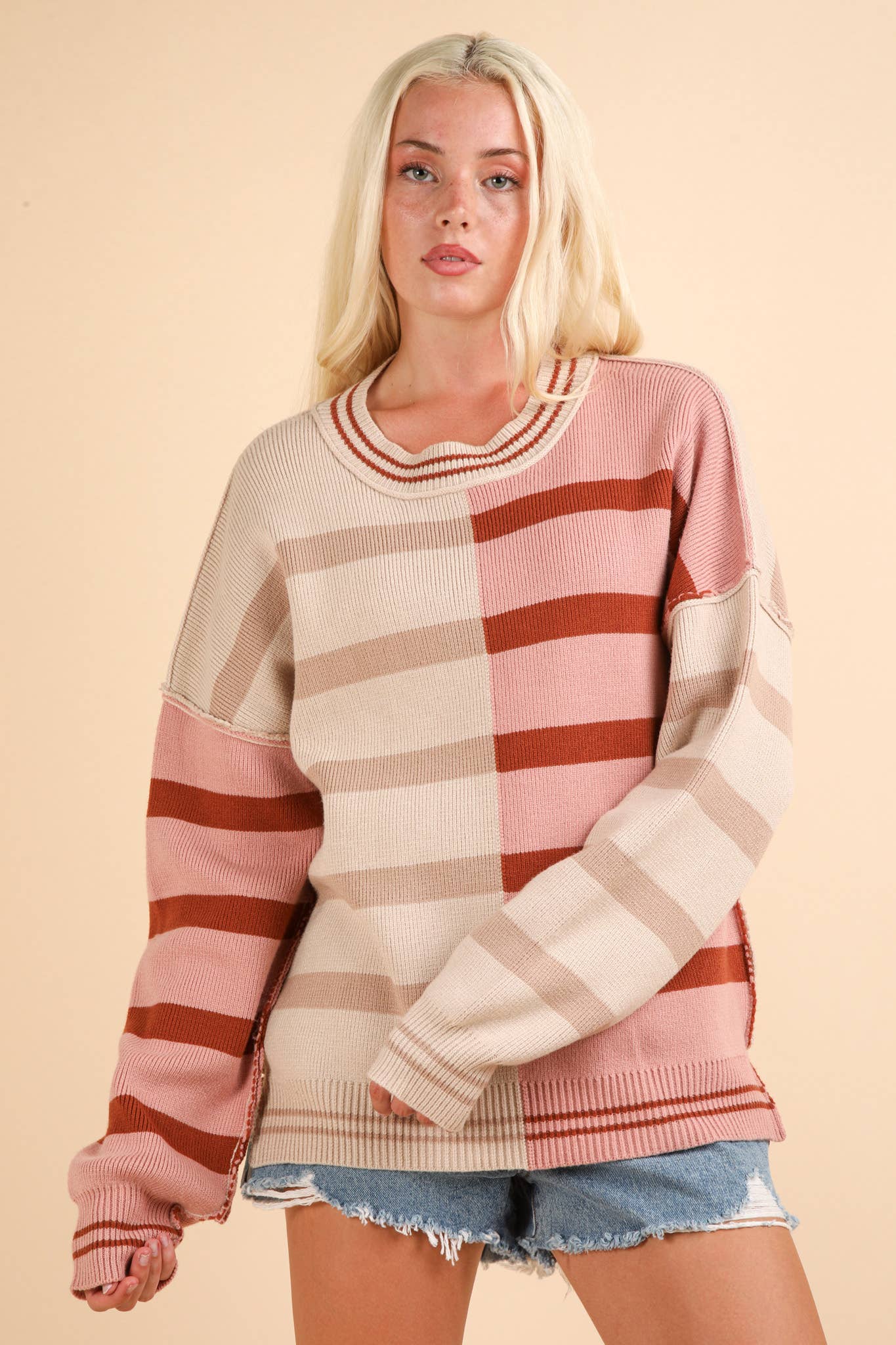 Color Block Oversized Striped Knit Sweater