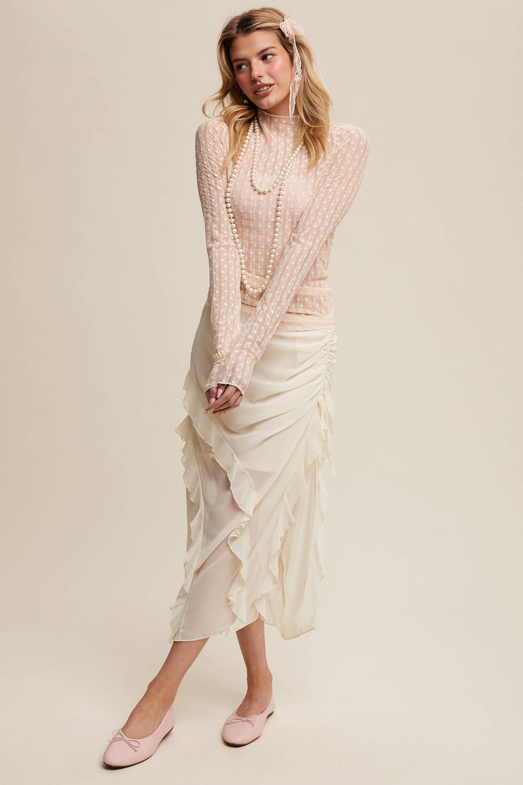 Semi Sheer Textured Lace Long-Sleeve Layering Top