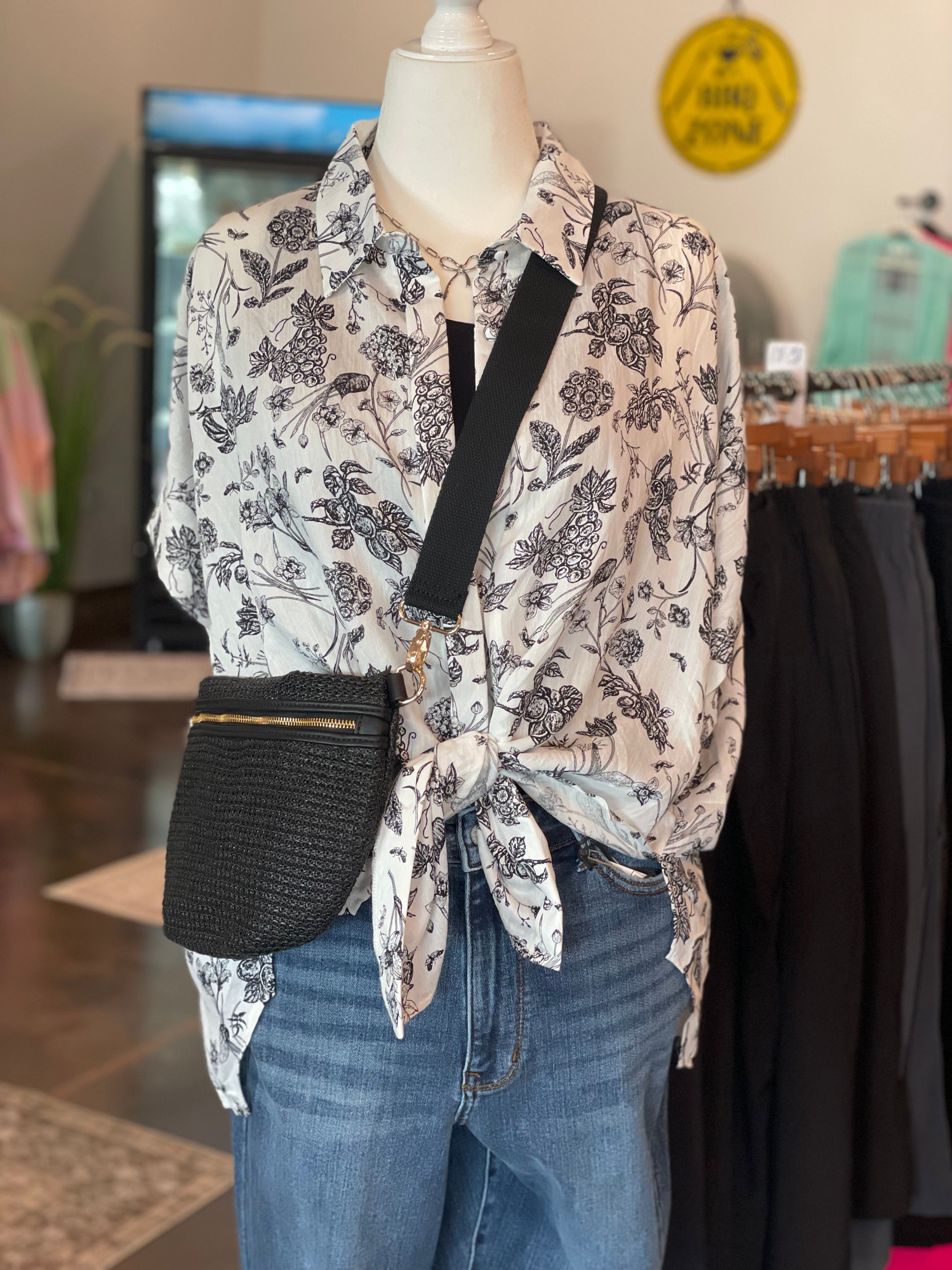 Two Tone Floral Print Button Down Top