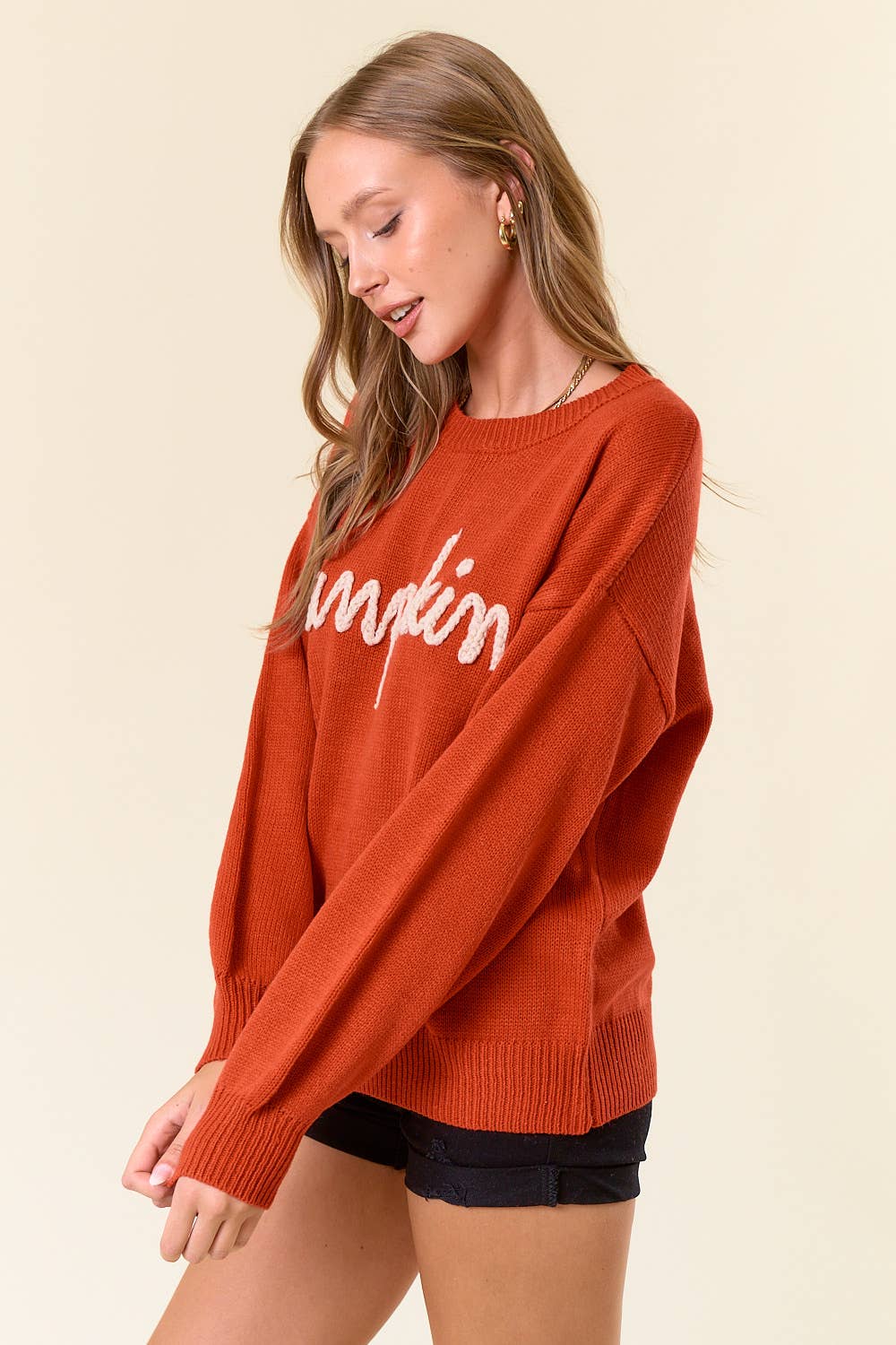 PUMPKIN Letter Embroidered Oversized Sweater Top