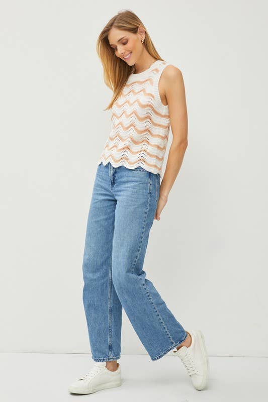 WAVY STRIPE CROCHET CREW NECK KNIT TANK SWEATER