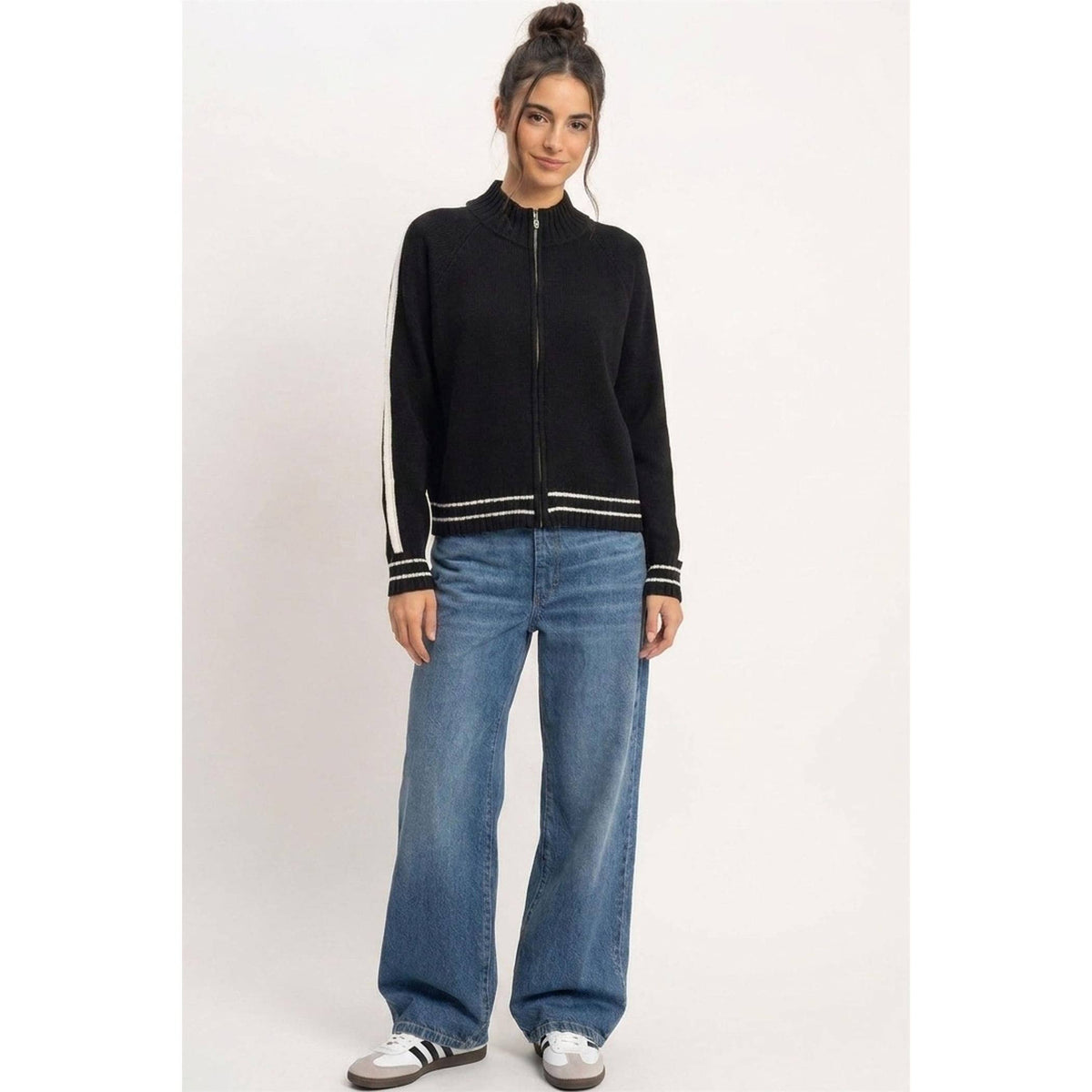 Contrast Stripe Zip-Up Sweater