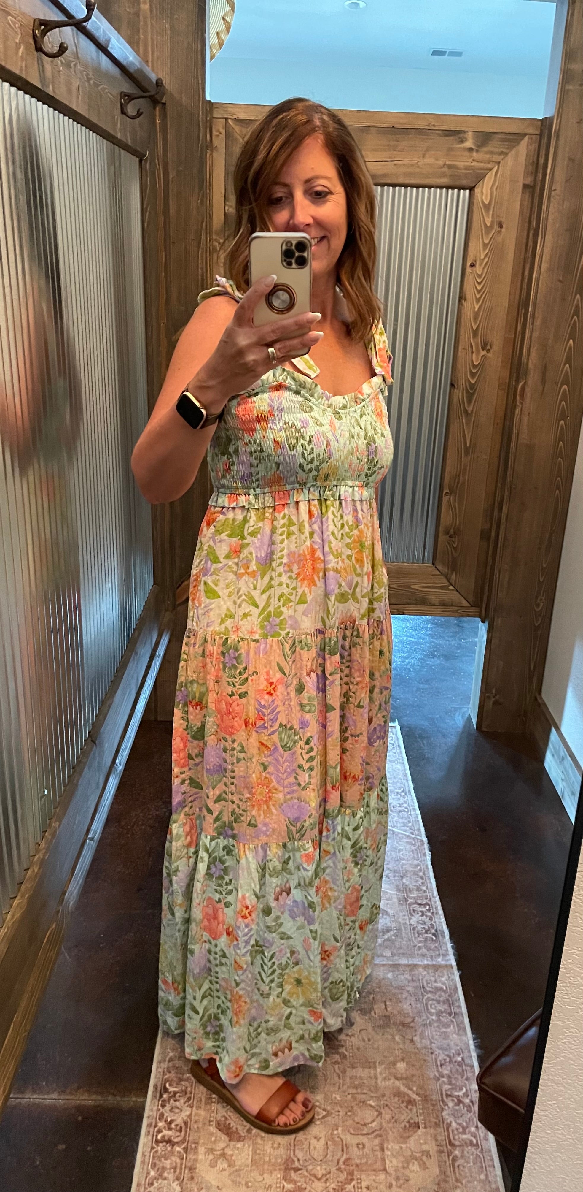 Smocked V-neck Tiered Multi Print Dress