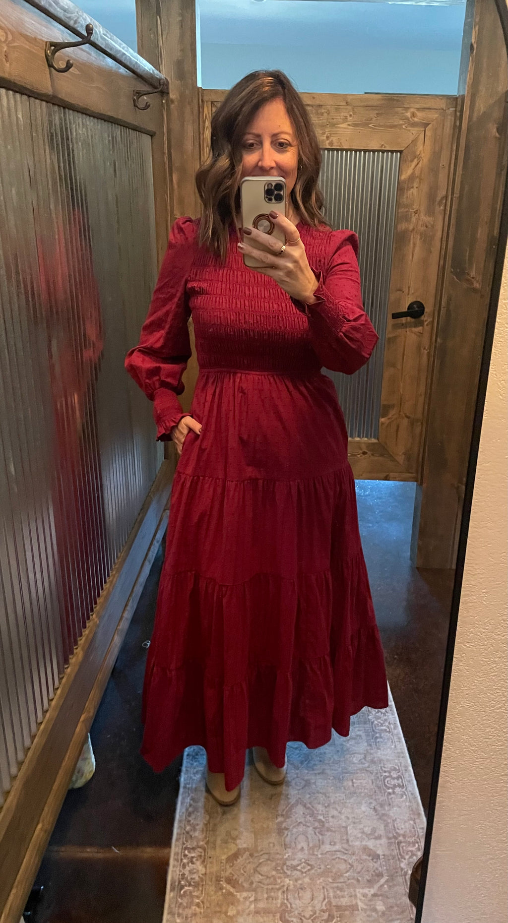 SMOCKED SWISS DOT MAXI DRESS