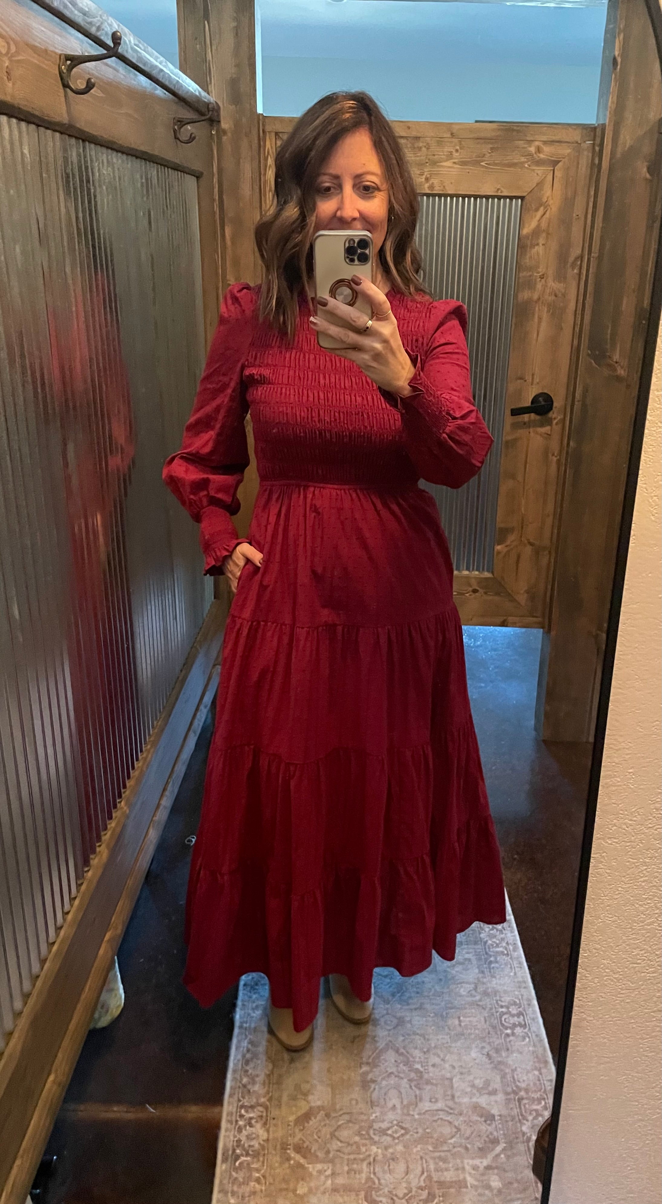 SMOCKED SWISS DOT MAXI DRESS