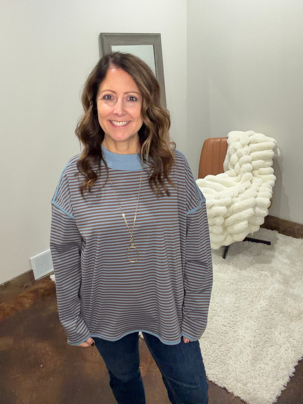 Oversized Contrast Trim Striped Top