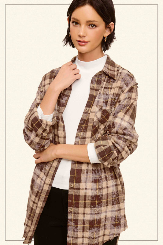 ACID WASHED CUT EDGE BUTTON DOWN PLAID SHIRT