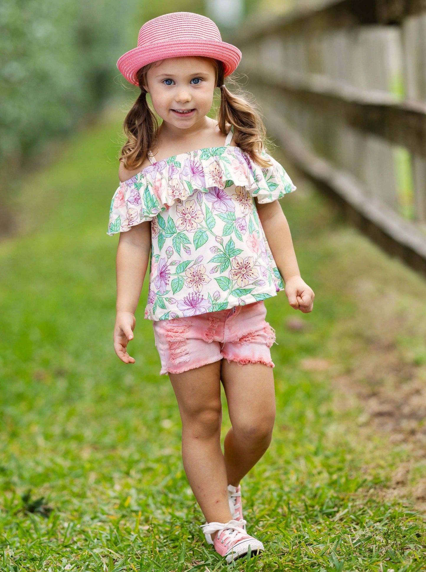 Floral Print Top w/ Ombre Denim Short Set