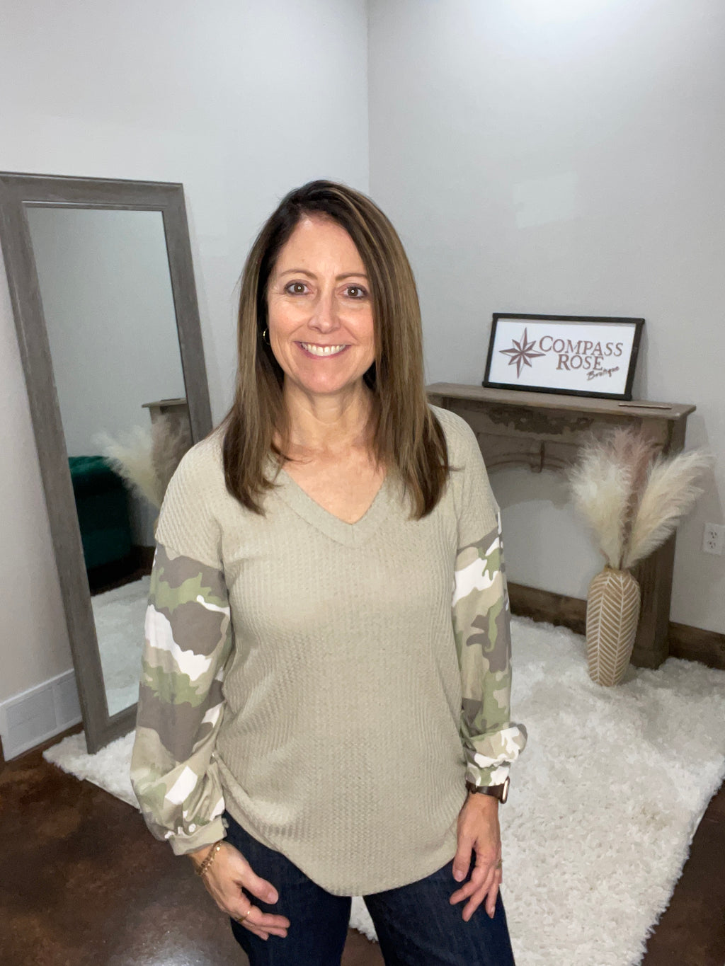 Camo Sleeve V-Neck Top