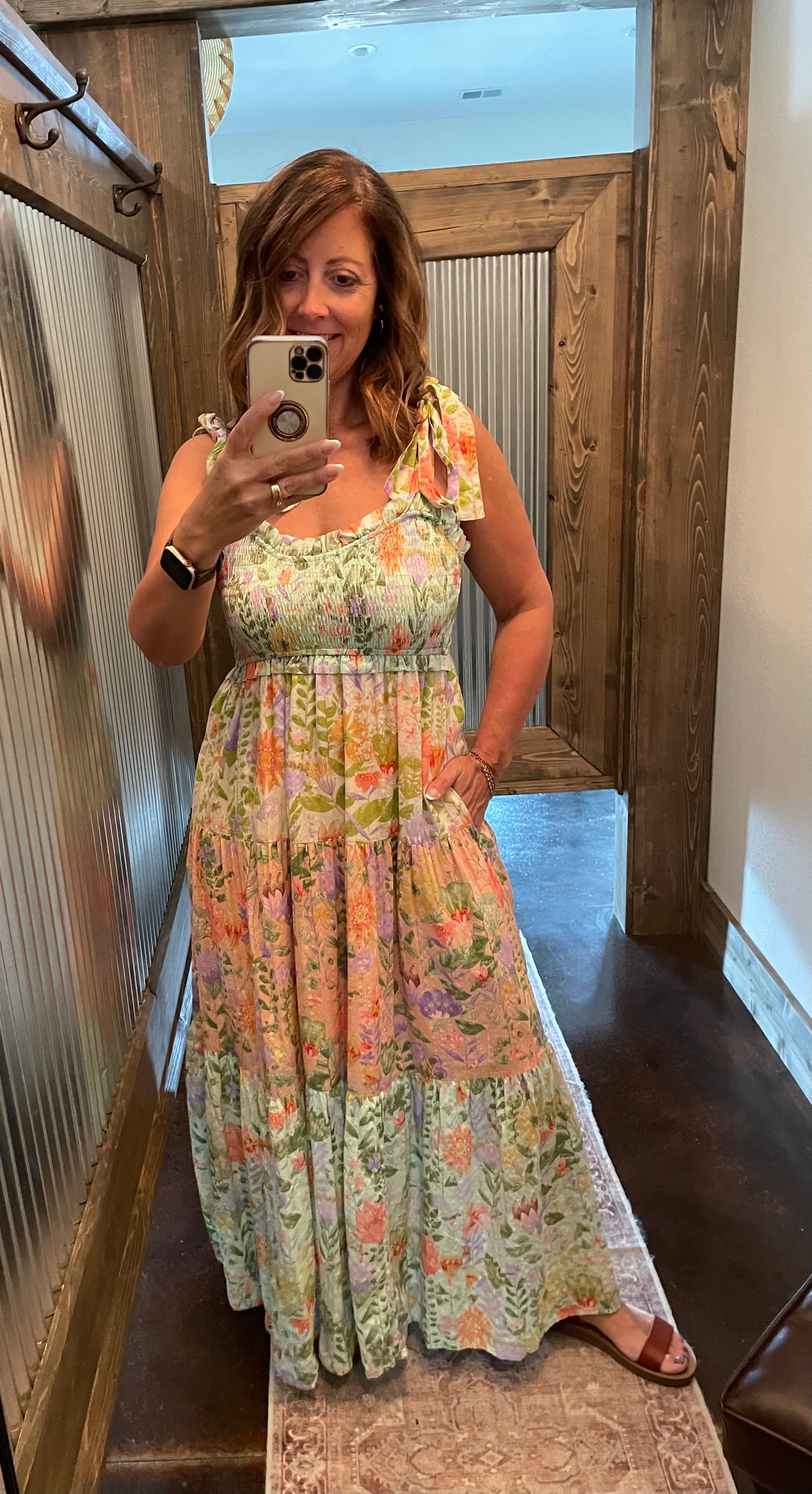 Smocked V-neck Tiered Multi Print Dress