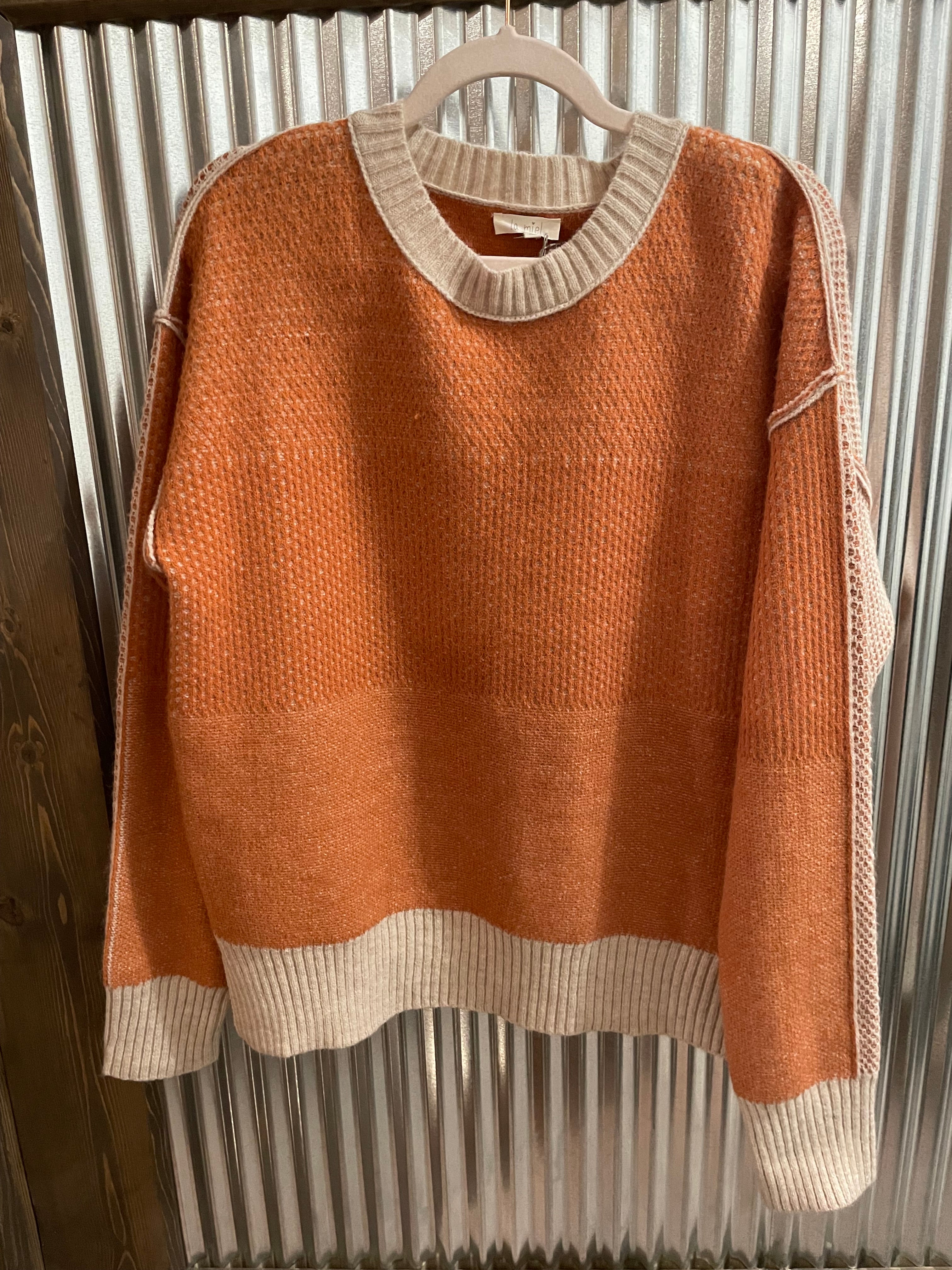 Loose Fit Color Block Textured Round Neck Sweater