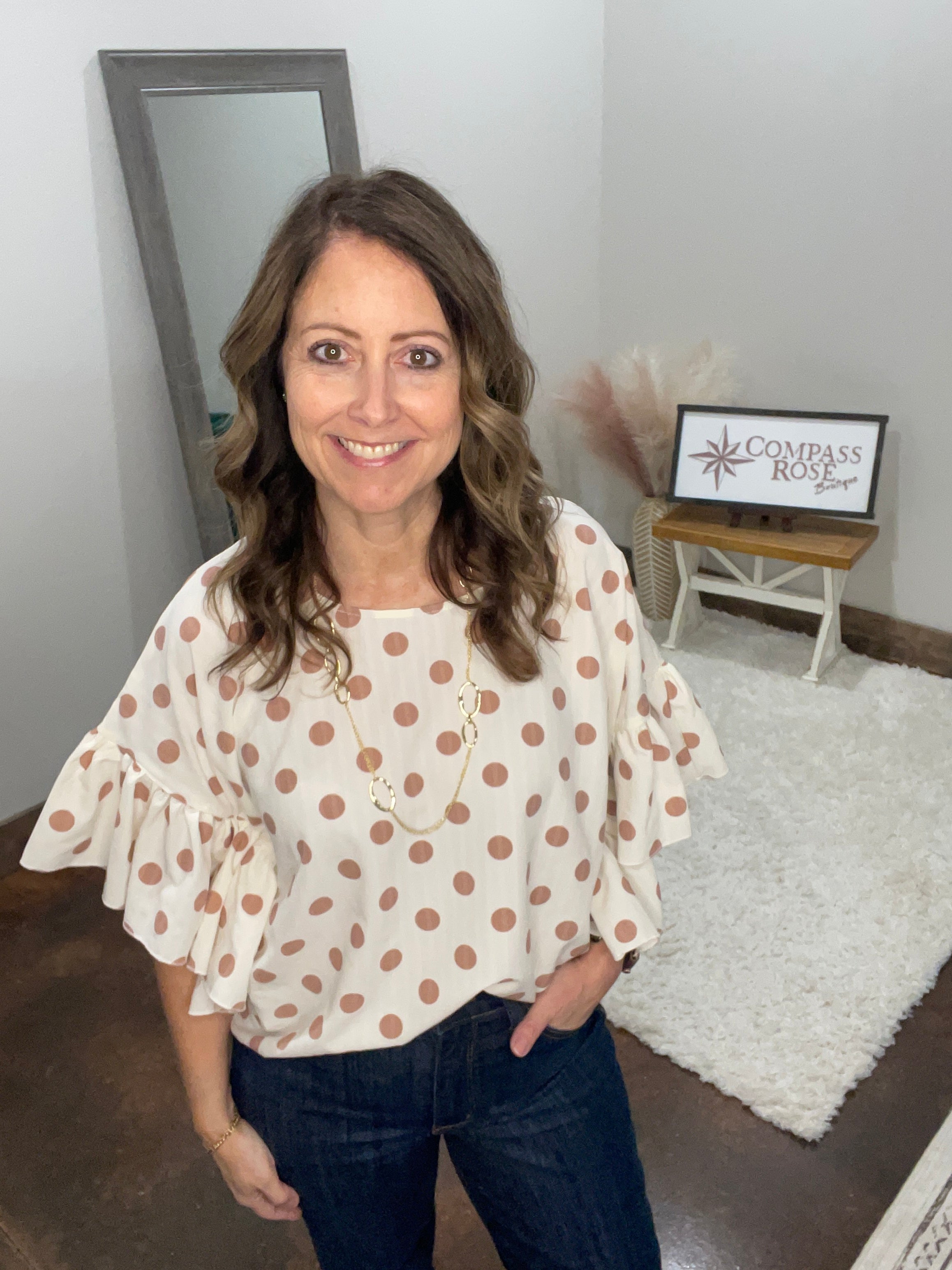 Polka Dot Ruffle Sleeve Flowy Top