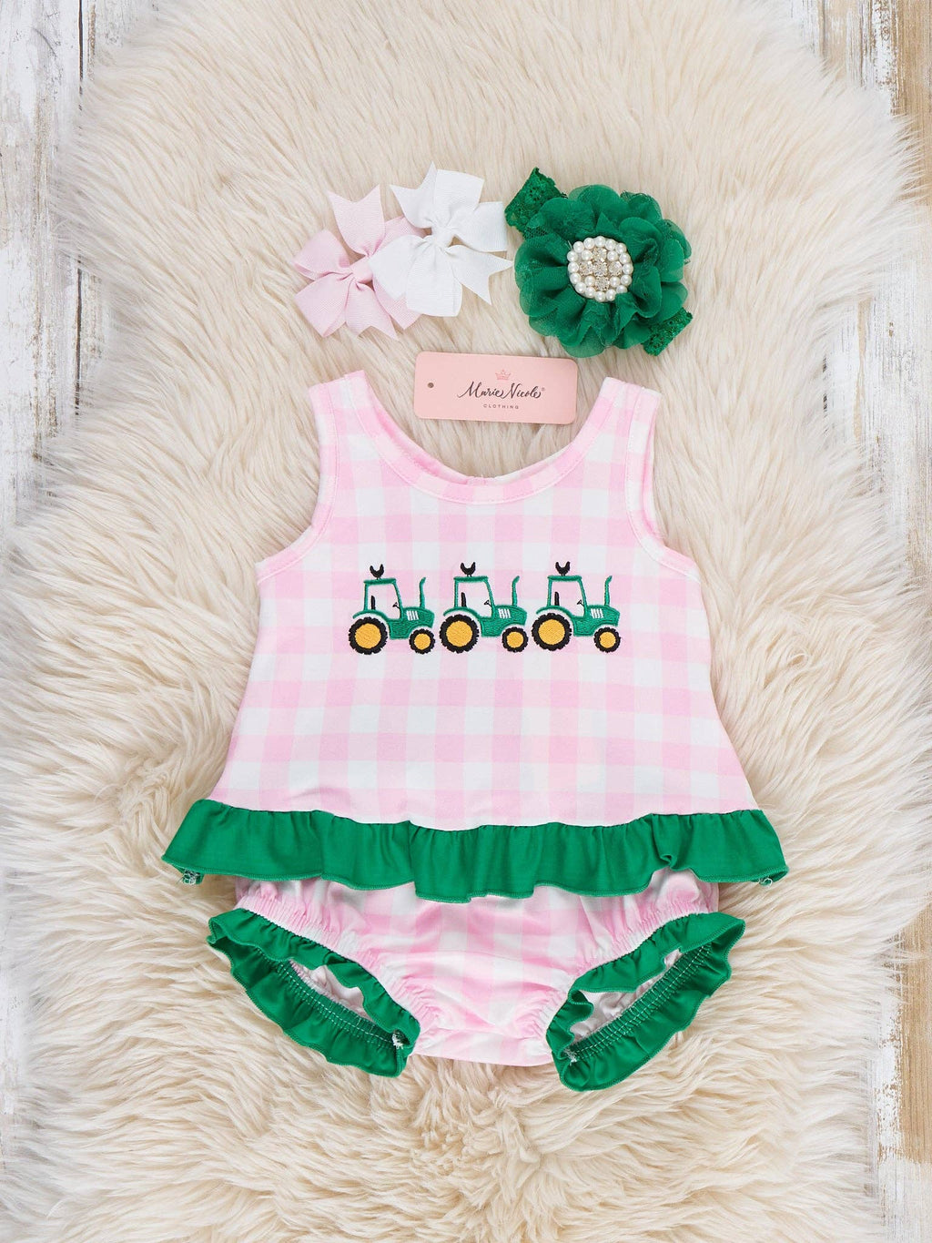 Little Farmer’s Embroidered Plaid Bloomers Outfit