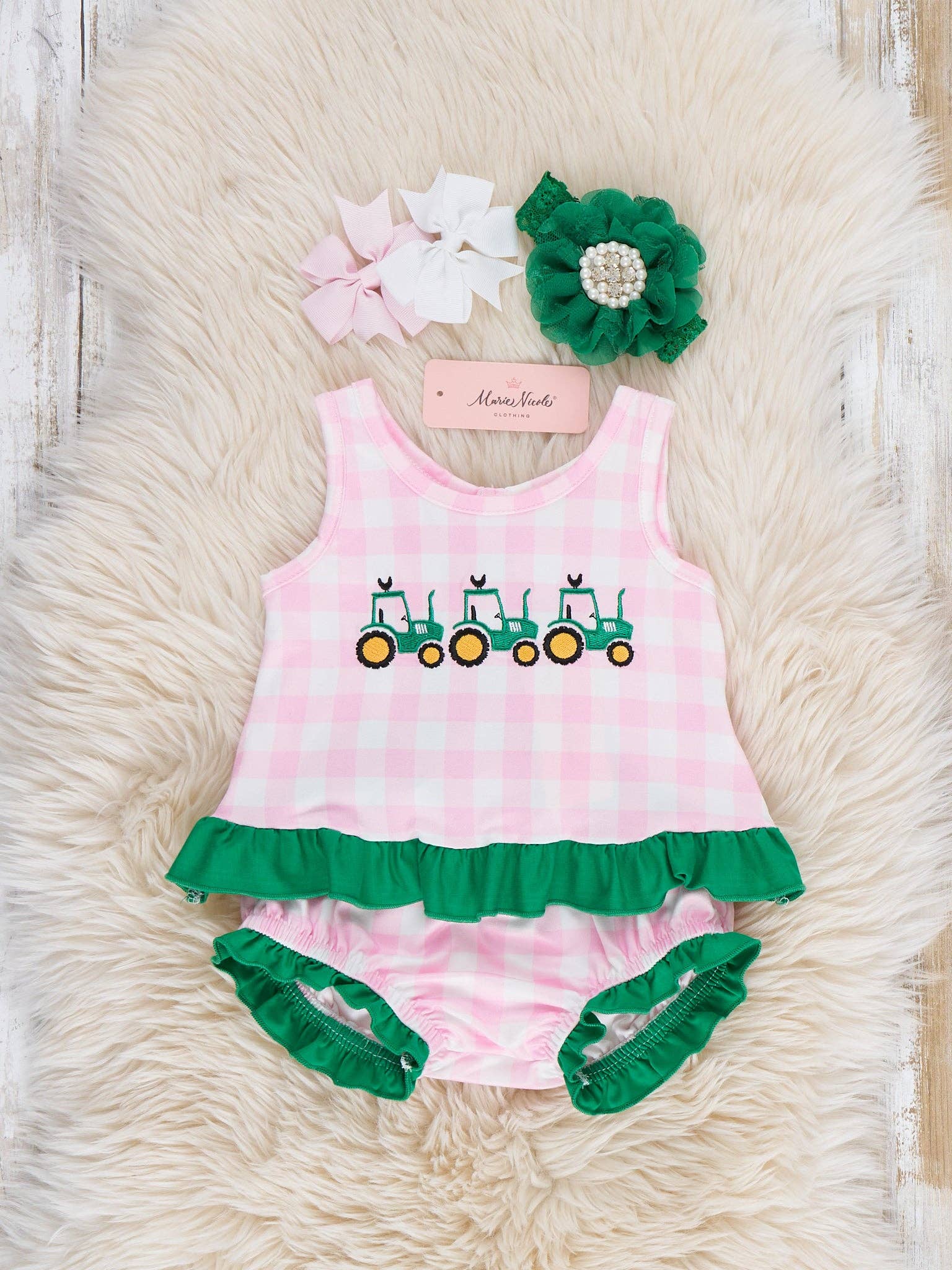 Little Farmer’s Embroidered Plaid Bloomers Outfit