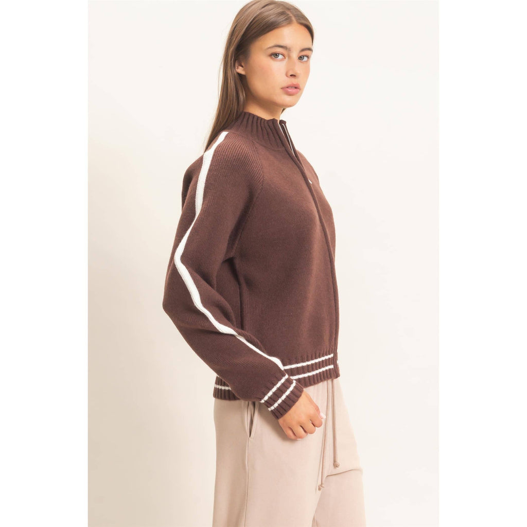 Contrast Stripe Zip-Up Sweater