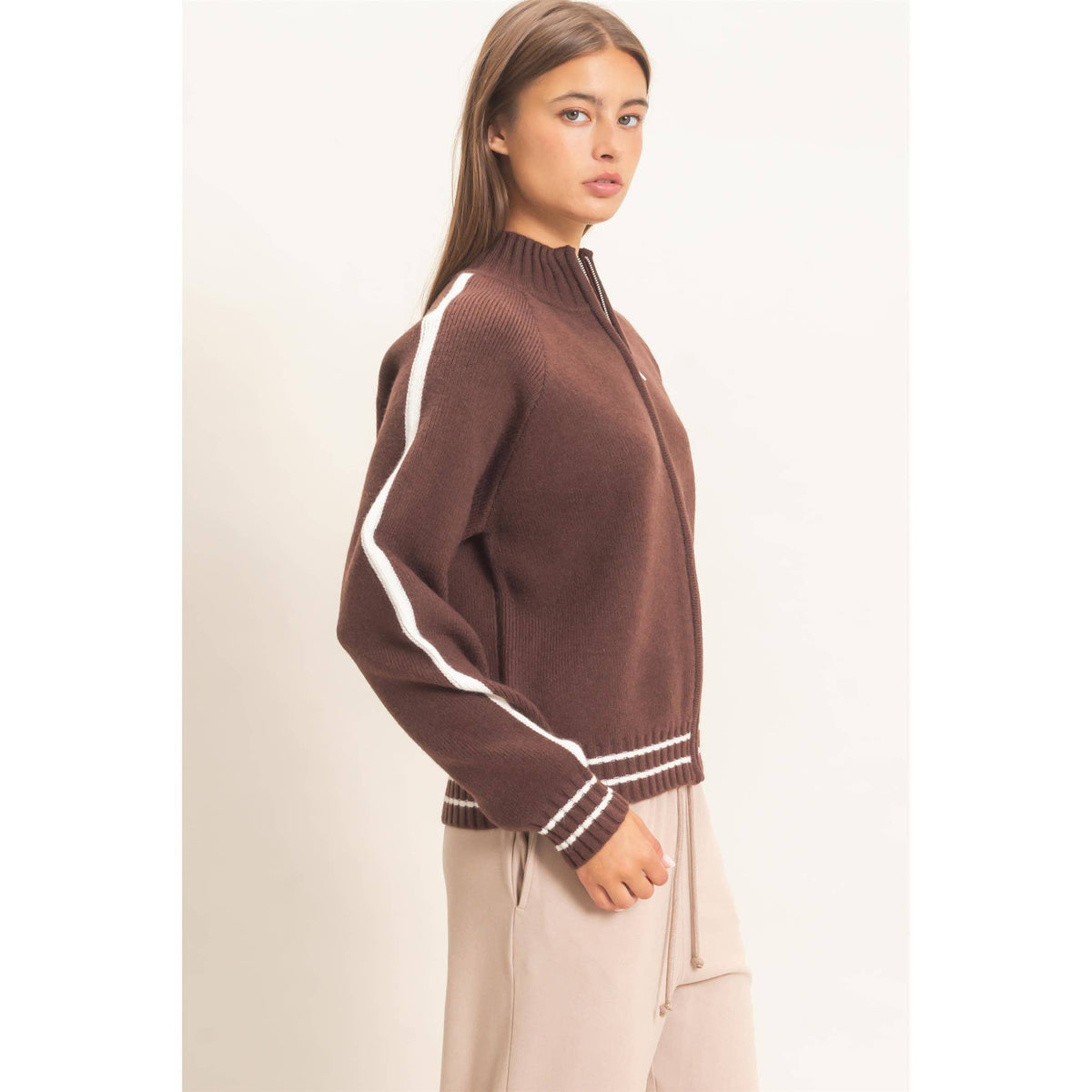 Contrast Stripe Zip-Up Sweater